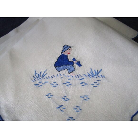 Vintage Embroidered Napkins Blue Shirt Boy Boat Scalloped Edges Four GUC - Picture 3 of 15